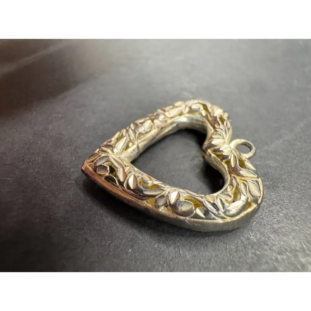 Vintage Silver Tone Floral Engraving Design Open Heart Pendant 0.81